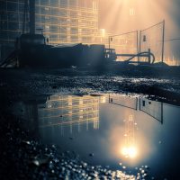 construction site, puddle, rainwater, reflection, fog, at night, fall, puddle of water, light, light rays, building, shell, mood, lighting mood