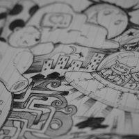 Design, Engineering & Project Management Intricate black and white doodle illustration featuring aliens in a UFO amidst imaginative cityscape and robots.
