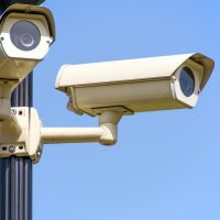 Electrical Services Outdoor security cameras mounted on a pole against a clear blue sky, ensuring vigilant surveillance.