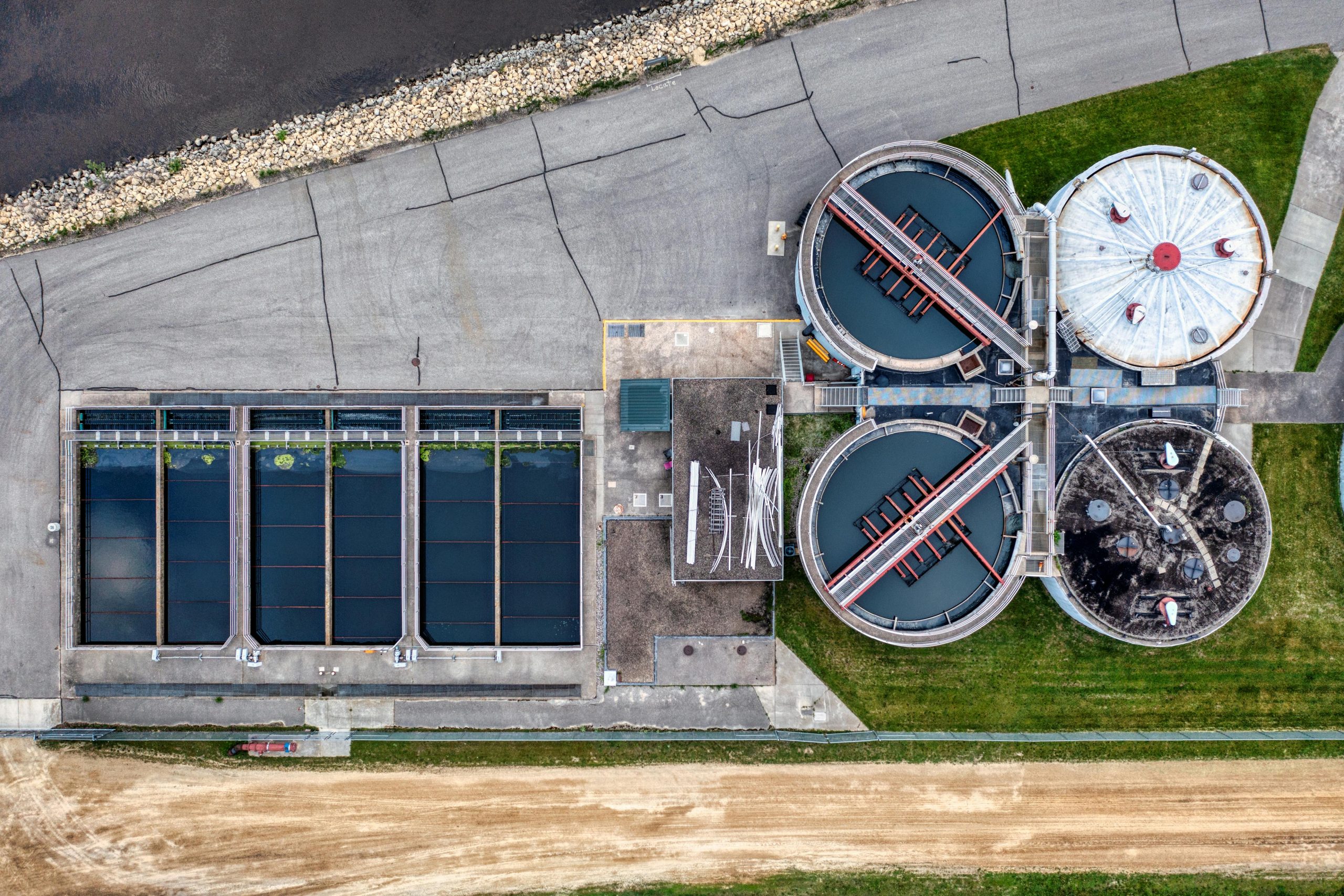 A comprehensive aerial perspective of a water treatment plant in Red Wing, Minnesota.